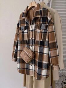SHEIN CURVE+ Women's Plus Size Plaid Jacquard Tweed Dropped Shoulder Pocket Patchwork Lining Coat, Suitable For Autumn/Winter, 5XL-8XL Fall - Brown - View 3