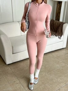 SHEIN EZwear Autumn/Winter Thermal Lined Zip-Up Jacket And Leggings Casual 2 Pieces Set - Pink - View 8