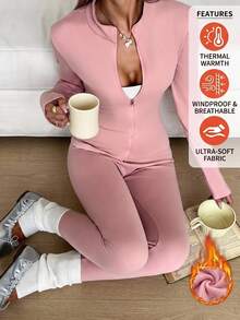 SHEIN EZwear Autumn/Winter Thermal Lined Zip-Up Jacket And Leggings Casual 2 Pieces Set - Pink - View 1