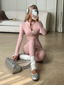 SHEIN EZwear Autumn/Winter Thermal Lined Zip-Up Jacket And Leggings Casual 2 Pieces Set - Pink - View 3