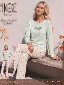 Raporlu Uzun  Kol Pijama Takımı - Mint Green - View 3