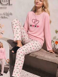 Raporlu Uzun  Kol Pijama Takımı - Pink - View 5
