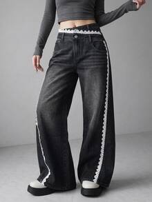 FRIFUL Women's Casual Lace Patchwork Button Pocket Denim Jeans - Black - View 4