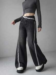 FRIFUL Women's Casual Lace Patchwork Button Pocket Denim Jeans - Black - View 5