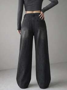 FRIFUL Women's Casual Lace Patchwork Button Pocket Denim Jeans - Black - View 2