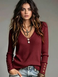 Omancia Women V Neck Ribbed Knit Sweater Long Sleeve Gold Button Cuffs Slim Fit Top For Daily Office Streetwear Boho Chic Fall Winter - Burgundy - View 1