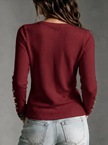 Omancia Women V Neck Ribbed Knit Sweater Long Sleeve Gold Button Cuffs Slim Fit Top For Daily Office Streetwear Boho Chic Fall Winter - Burgundy - View 2