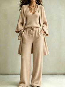 Omancia Women's Slouchy Solid Color Ribbed Knit 3 Pieces Set, Buttonless Long Sleeve Cardigan + V-Neck Camisole + Drawstring Wide Leg Pants, Casual Commute Home Wear - Multicolor - View 7