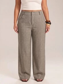 SHEIN PETITE CURVE Plus Size Women's Striped Wide Leg Loose Casual Long Pants Fall - Khaki - View 5