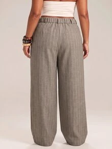 SHEIN PETITE CURVE Plus Size Women's Striped Wide Leg Loose Casual Long Pants Fall - Khaki - View 2