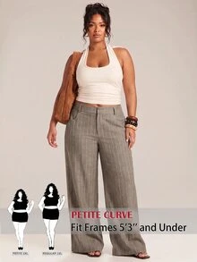 SHEIN PETITE CURVE Plus Size Women's Striped Wide Leg Loose Casual Long Pants Fall - Khaki - View 6