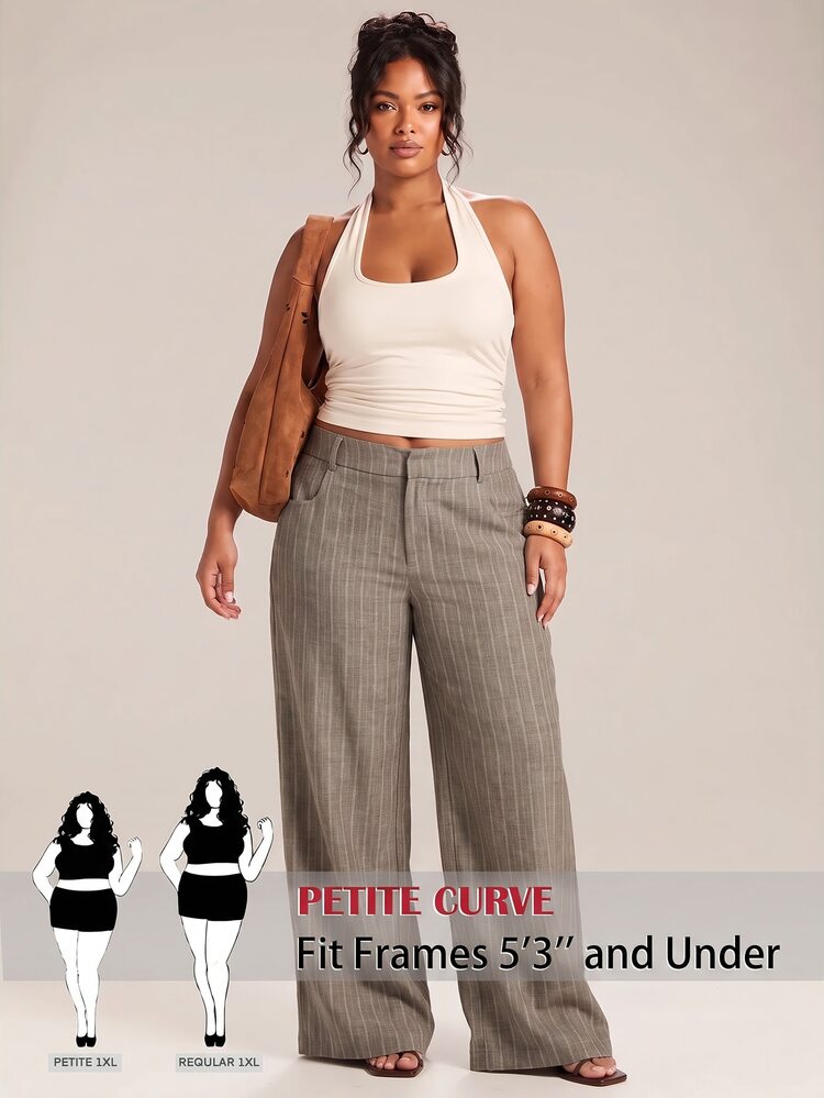 SHEIN PETITE CURVE Plus Size Women's Striped Wide Leg Loose Casual Long Pants Fall - Khaki - View 6