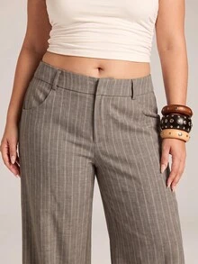 SHEIN PETITE CURVE Plus Size Women's Striped Wide Leg Loose Casual Long Pants Fall - Khaki - View 8