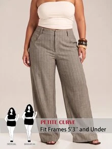SHEIN PETITE CURVE Plus Size Women's Striped Wide Leg Loose Casual Long Pants Fall - Khaki - View 1