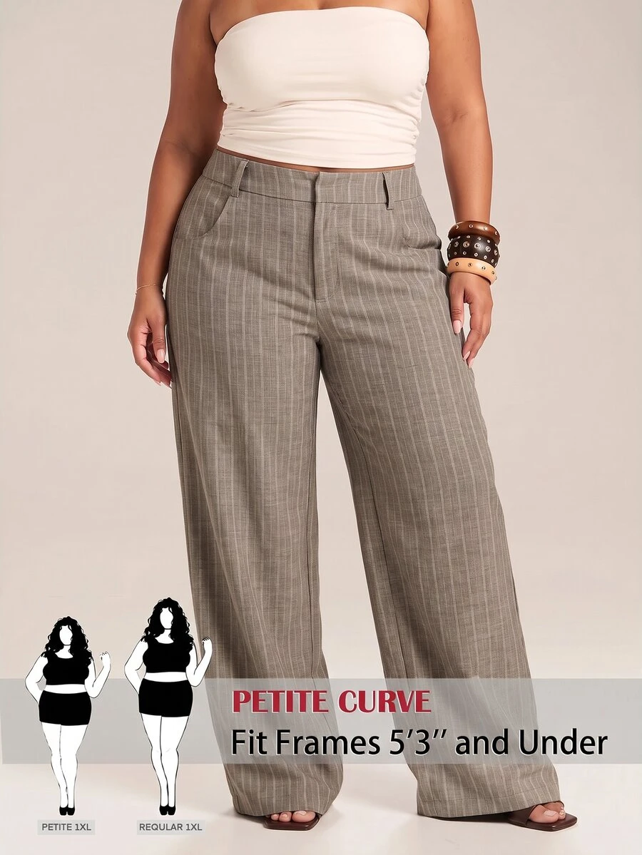 SHEIN PETITE CURVE Plus Size Women's Striped Wide Leg Loose Casual Long Pants Fall - Khaki - View 1