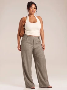 SHEIN PETITE CURVE Plus Size Women's Striped Wide Leg Loose Casual Long Pants Fall - Khaki - View 3
