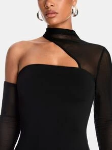 SHEIN BAE 女款單肩露肩長袖純色連身衣 - 黑色 - 查看 6