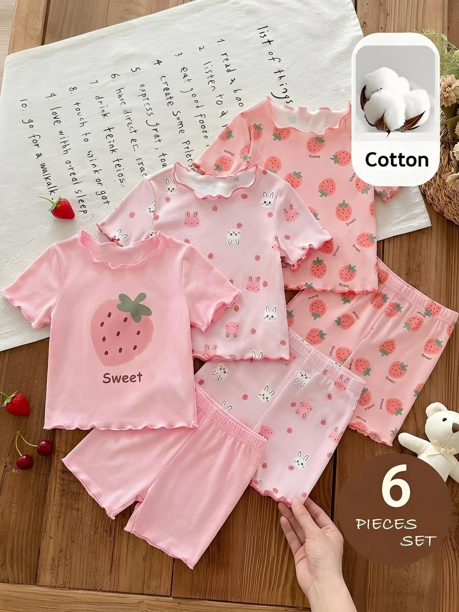 SHEIN 6件套女宝宝可爱草莓图案荷叶边圆领短袖短裤针织柔软透气夏季睡衣套装 - 彩色 - 查看 1