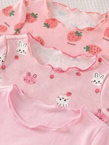 SHEIN 6件套女宝宝可爱草莓图案荷叶边圆领短袖短裤针织柔软透气夏季睡衣套装 - 彩色 - 查看 4