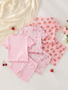 SHEIN 6件套女宝宝可爱草莓图案荷叶边圆领短袖短裤针织柔软透气夏季睡衣套装 - 彩色 - 查看 2