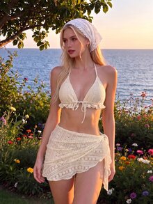 Swim Mod 3pcs Women's Solid Color Halter Strap Sexy Bikini Set, With Cover Up Skirt, For Summer Beach - Beige - View 2