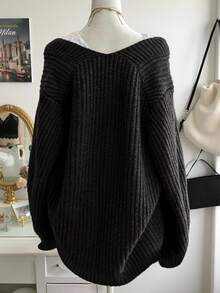 Collagica Collagica Women's V-Neck Dropped Shoulder Long Sleeve Loose Casual Sweater, Autumn/Winter - Black - View 2