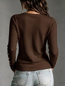 Omancia Women V Neck Ribbed Knit Sweater Long Sleeve Gold Button Cuffs Slim Fit Top For Daily Office Streetwear Boho Chic Fall Winter - Coffee Brown - View 2