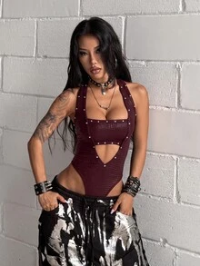SHEIN HypeZone 女款性感街頭風 V 領鉚釘裝飾修身掛脖綁帶連身衣 - 酒紅色 - 查看 5