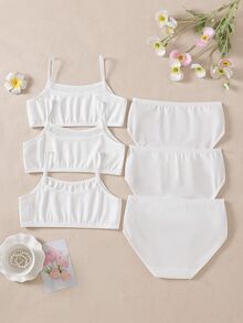 3套女童白色純色紋理布料簡約甜美基本款細肩帶三角內衣套裝 - 白色 - 查看 2
