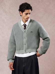 SUMWON Crop Fit Ribbed Knit Button-Front Cardigan With V-Neck And Tonal Buttons Cozy Fall Winter Layering Sweater - Dark Green - View 3