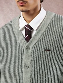 SUMWON Crop Fit Ribbed Knit Button-Front Cardigan With V-Neck And Tonal Buttons Cozy Fall Winter Layering Sweater - Dark Green - View 4