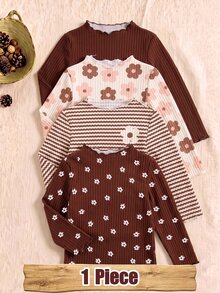 1 Random Piece Girls Cute Brown Grape Ribbed Ruffle Hem Ribbed Semi-High Neck Long Sleeve T-Shirt, Spring Autumn Winter Base Layer Top - Multicolor - View 3