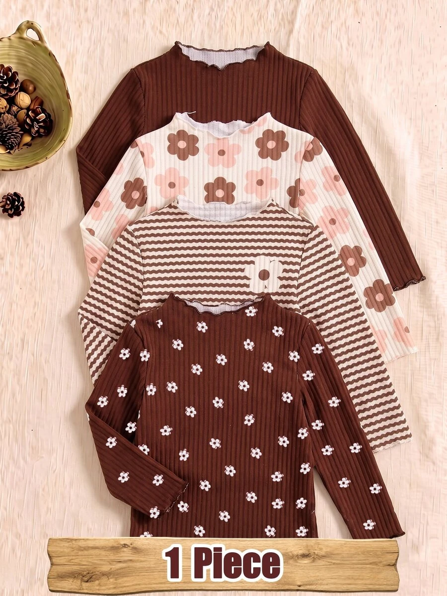 1 Random Piece Girls Cute Brown Grape Ribbed Ruffle Hem Ribbed Semi-High Neck Long Sleeve T-Shirt, Spring Autumn Winter Base Layer Top - Multicolor - View 1