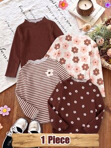 1 Random Piece Girls Cute Brown Grape Ribbed Ruffle Hem Ribbed Semi-High Neck Long Sleeve T-Shirt, Spring Autumn Winter Base Layer Top - Multicolor - View 1