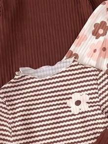 1 Random Piece Girls Cute Brown Grape Ribbed Ruffle Hem Ribbed Semi-High Neck Long Sleeve T-Shirt, Spring Autumn Winter Base Layer Top - Multicolor - View 5