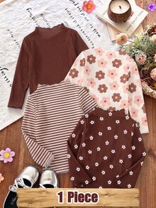 1 Random Piece Girls Cute Brown Grape Ribbed Ruffle Hem Ribbed Semi-High Neck Long Sleeve T-Shirt, Spring Autumn Winter Base Layer Top - Multicolor - View 2