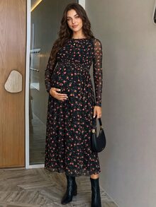 MaterniWear Elegant New Floral A-Line Maternity Dress (Round Neck, Long Sleeve) – Suitable For Work/Commuting (Autumn) Fall - Black - View 3