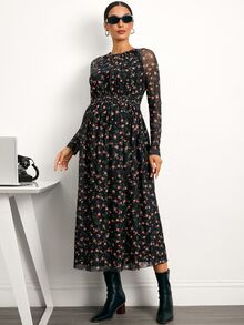 MaterniWear Elegant New Floral A-Line Maternity Dress (Round Neck, Long Sleeve) – Suitable For Work/Commuting (Autumn) Fall - Black - View 9