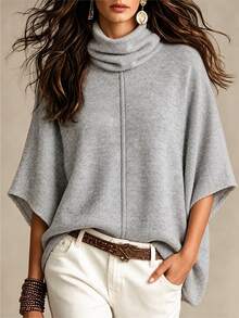 SHEIN Women Turtleneck Batwing Short Sleeve Knit Poncho, Loose Fit Heathered Knit Cape Sweater Top - Light Grey - View 8