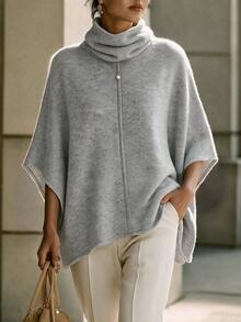 SHEIN Women Turtleneck Batwing Short Sleeve Knit Poncho, Loose Fit Heathered Knit Cape Sweater Top - Light Grey - View 7