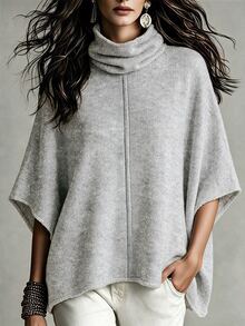 SHEIN Women Turtleneck Batwing Short Sleeve Knit Poncho, Loose Fit Heathered Knit Cape Sweater Top - Light Grey - View 3