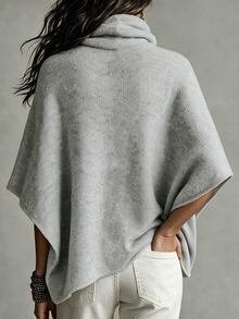 SHEIN Women Turtleneck Batwing Short Sleeve Knit Poncho, Loose Fit Heathered Knit Cape Sweater Top - Light Grey - View 2