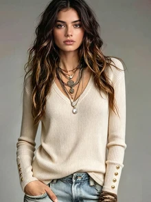 Omancia Women V Neck Ribbed Knit Sweater Long Sleeve Gold Button Cuffs Slim Fit Top For Daily Office Streetwear Boho Chic Fall Winter - Apricot - View 3