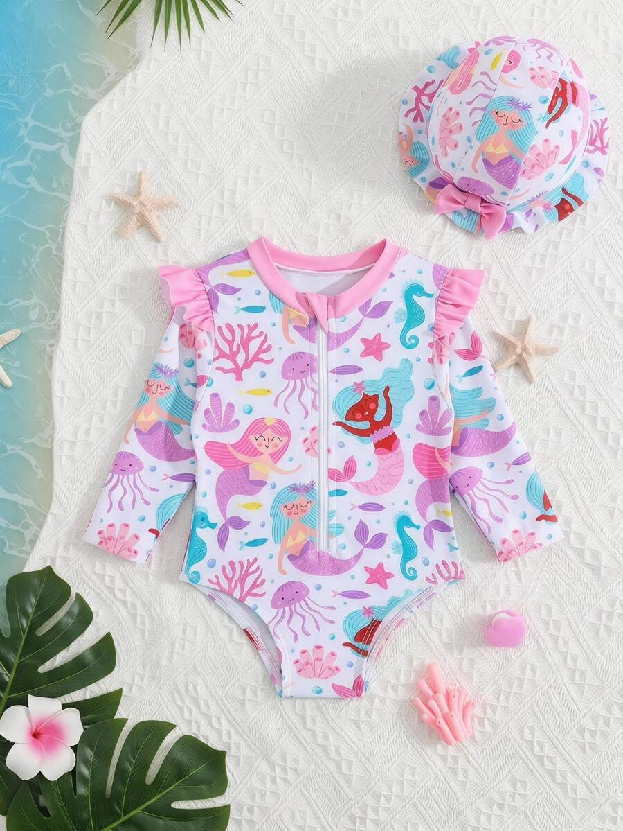 White Cute Newborn Baby Girl Mermaid Print One-Piece Swimsuit With Hat,Ruffled Knit Fabric Swimwear For Summer Vacation Holiday Tropical Beach Clothes