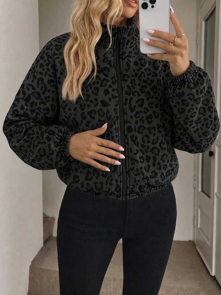 SHEIN LUNE Women's Printed Zip-Up Elastic Waist Long Sleeve Casual Hooded Sweatshirt Jacket, Autumn/Winter - Multicolor - View 1