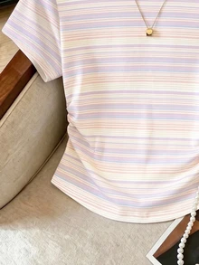 Resyla Women's Summer Outing Top, Waist-Cinching T-Shirt, Colorful Striped Print Pattern, Pattern Design, High-End Style, Mature Style, Cute Style, Casual Versatile, Daily Wear, Outdoor Wear - Multicolor - View 3