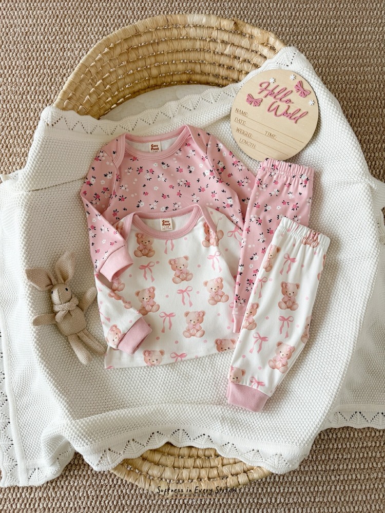 Cozy Pixies 4pcs Newborn Baby Casual Daily Comfortable Round Neck Pullover Long Sleeve Pajamas Autumn Winter Pants Sleepwear Set, 2 Styles 1 , Bow Set, Floral Set - Pink - View 7