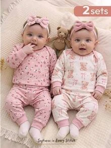 Cozy Pixies 4件裝新生兒嬰兒休閒日常舒適圓領套頭長袖睡衣褲套裝，秋冬款，2款式 1，蝴蝶結套裝、花卉套裝 - 粉色 - 查看 1