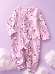 SHEIN X Care Bears 女嬰卡通熊長袖前開拉鍊連身衣 - 粉色 - 查看 3
