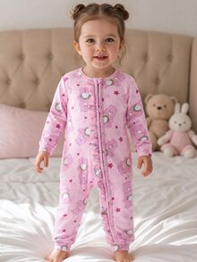 SHEIN X Care Bears 女嬰卡通熊長袖前開拉鍊連身衣 - 粉色 - 查看 2